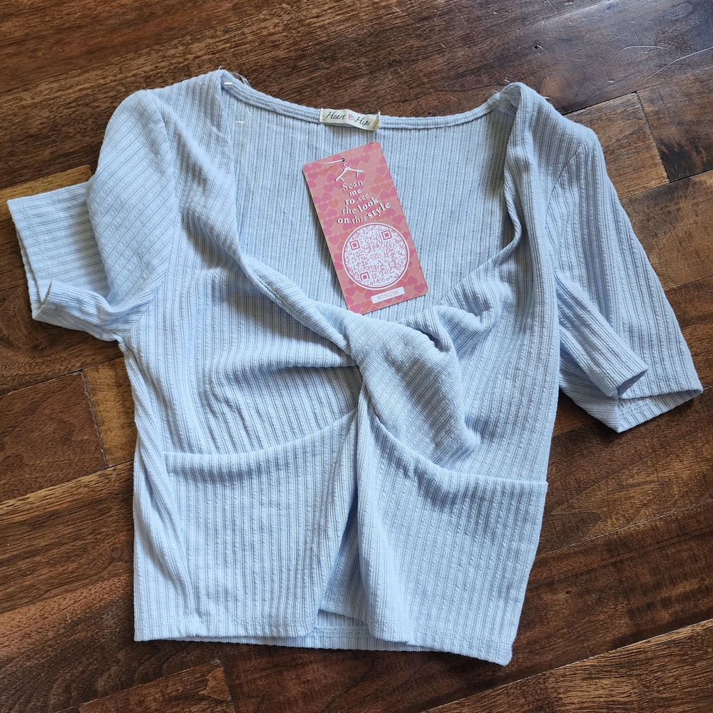 New Look Light Blue Ribbed Knot-Front Blouse